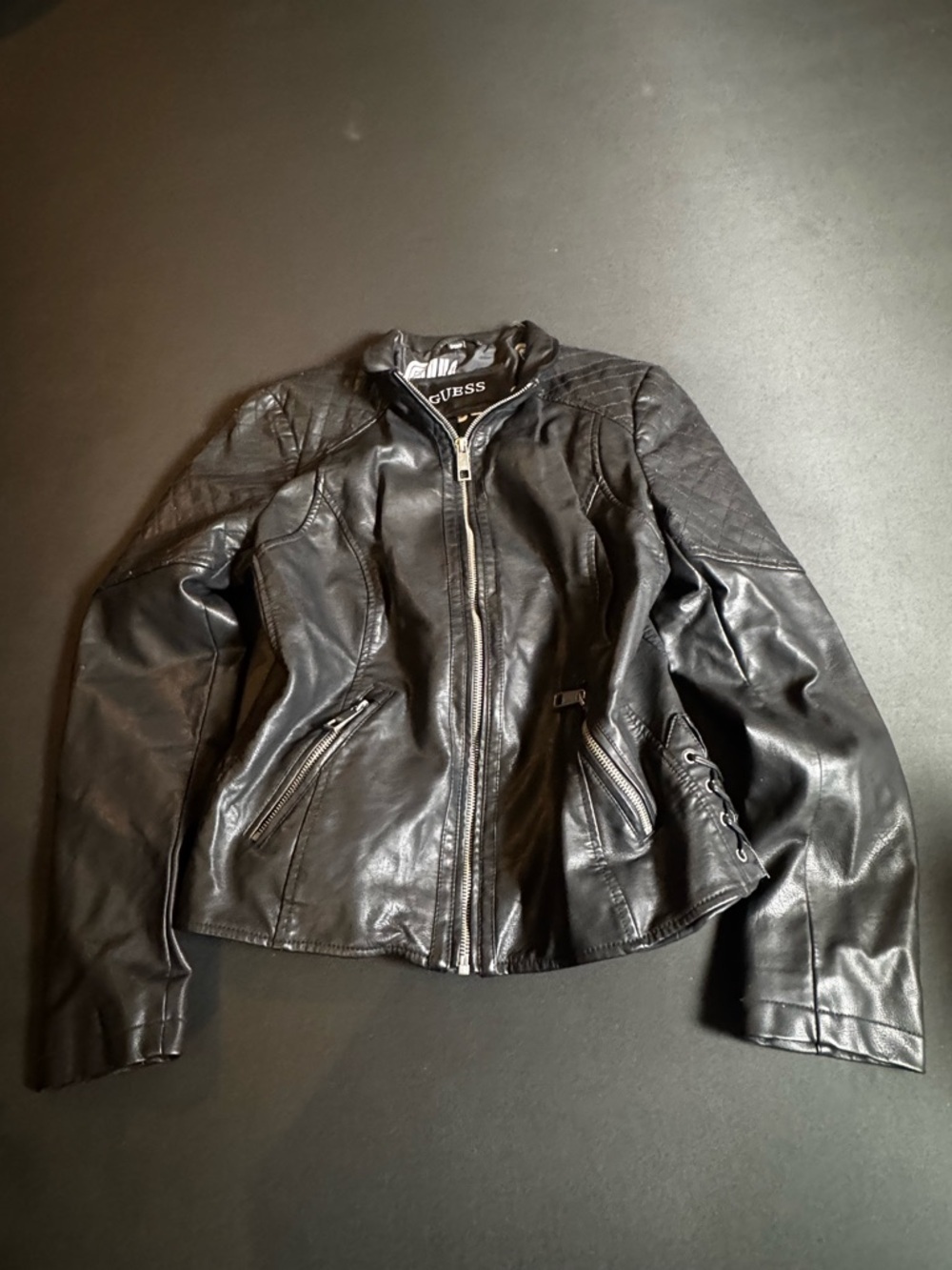 GUESS Black Faux Leather Quilted Shoulder Moto Jacket Y2K - Picture 1 of 7